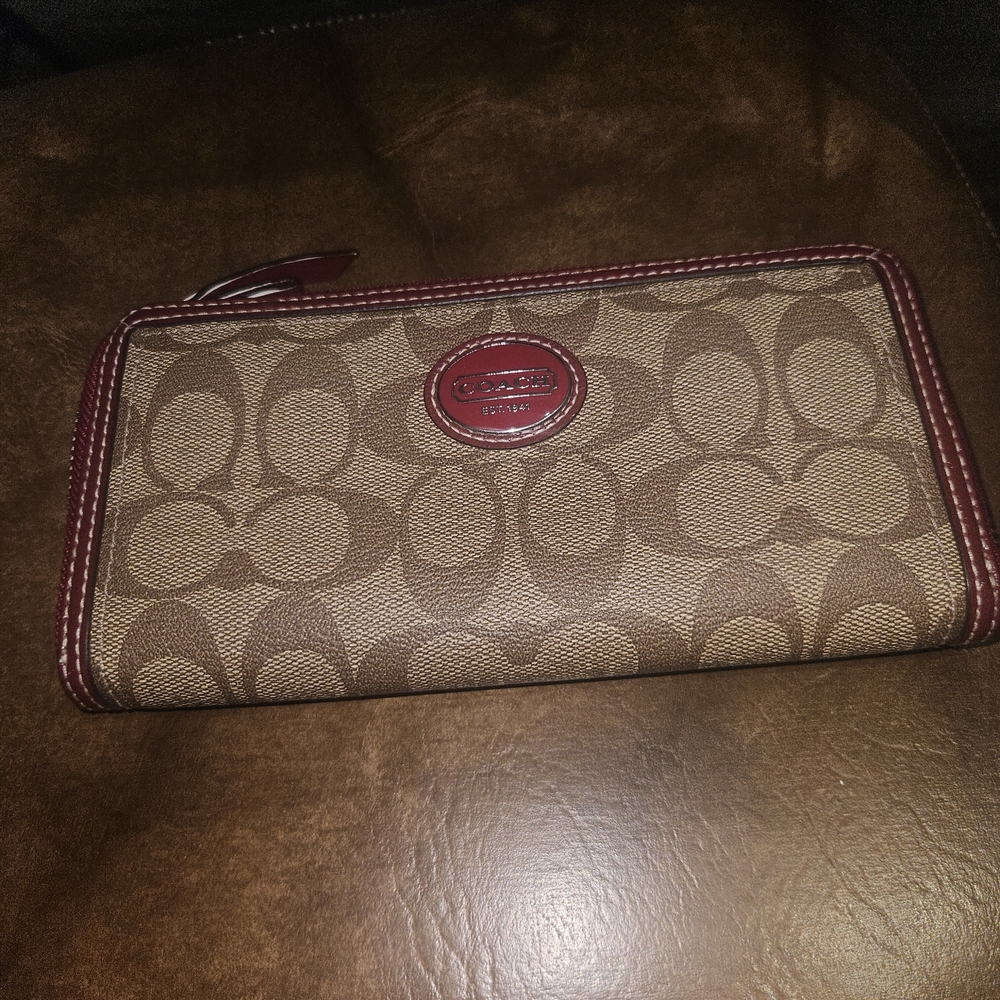 Coach Peyton Tan and Red Signature Wallet